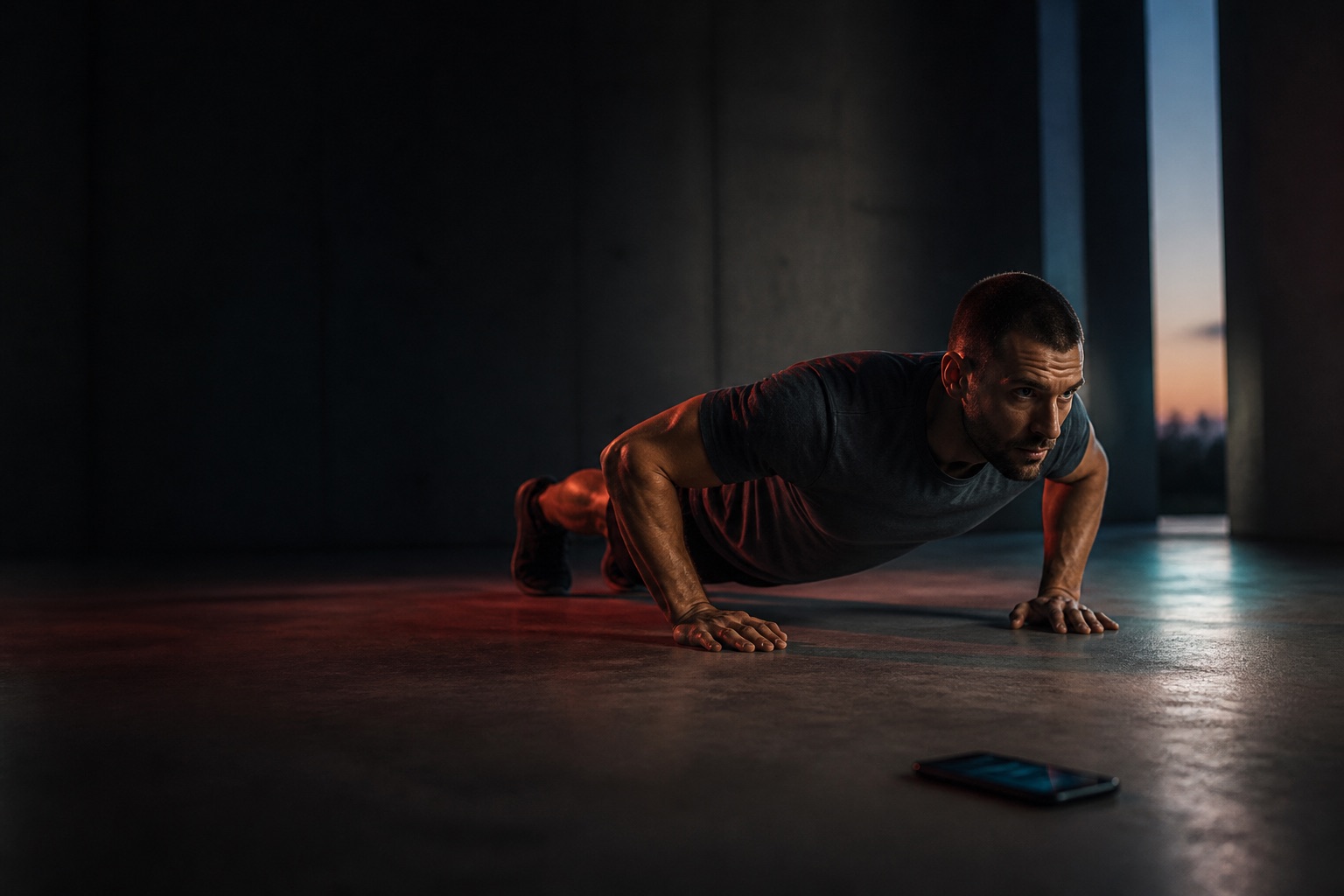 Adult athlete performing a push-up in a low-lit training space with a phone nearby